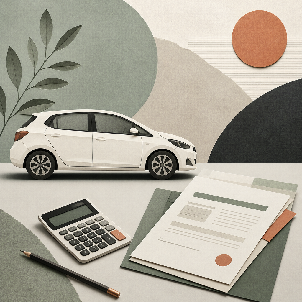 Ilustración editorial de un automóvil genérico junto a papeles de financiación y calculadora